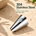 Polished metal finger guard and nut opener on a beige stone surface
