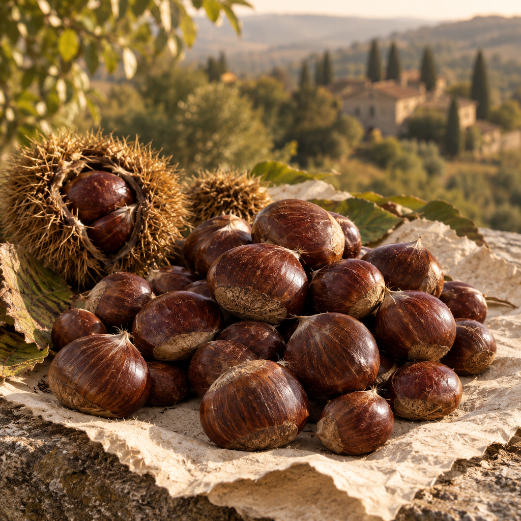 A pile of glossy brown chestnuts, including some in a spiky brown husk, arranged on torn beige paper outdoors with a blurred Tuscan landscape in the background.