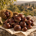 A pile of glossy brown chestnuts, including some in a spiky brown husk, arranged on torn beige paper outdoors with a blurred Tuscan landscape in the background.