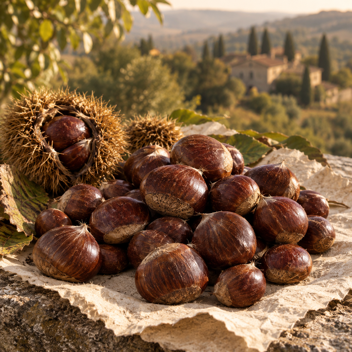 A pile of glossy brown chestnuts, including some in a spiky brown husk, arranged on torn beige paper outdoors with a blurred Tuscan landscape in the background.