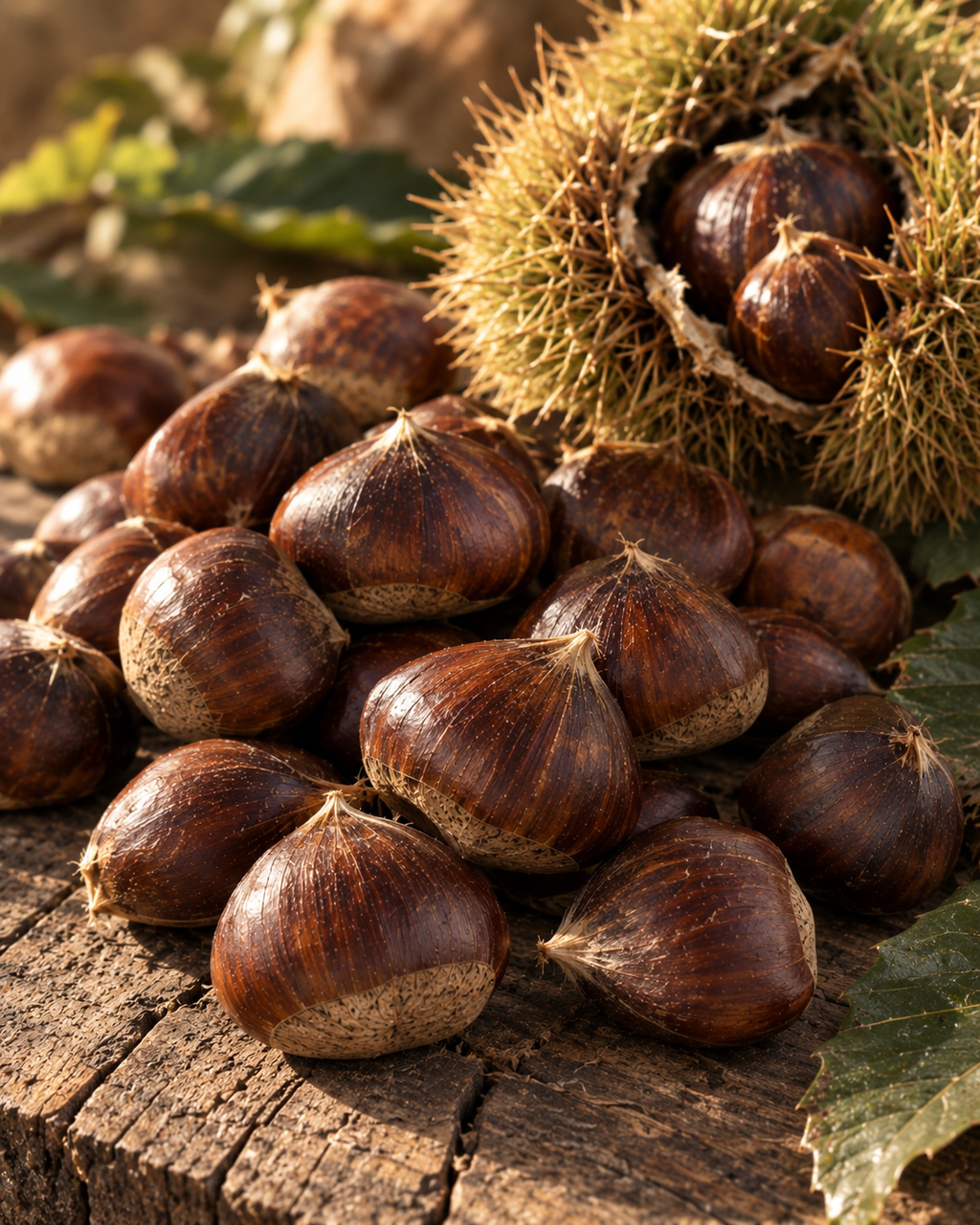 Pile of large fresh chestnuts with an open burr on a rustic wooden surface surrounded by leaves