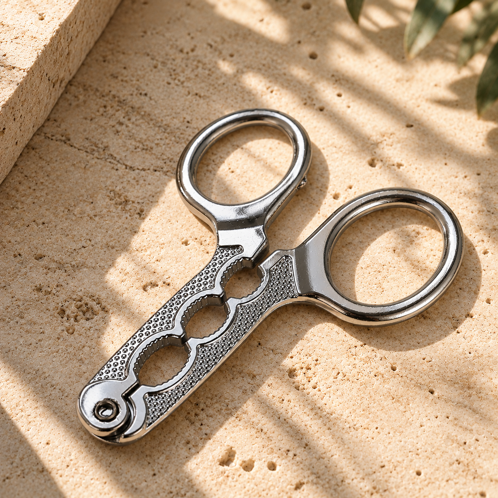 Angled close-up of stainless steel pistachio opener pliers on a sunlit beige stone surface